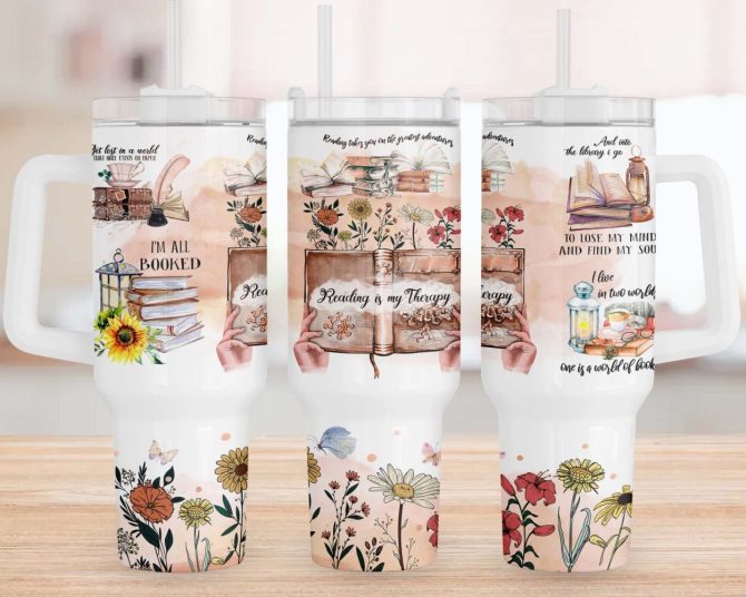 Floral Bookworm Custom Stanley Quencher 40Oz Stainless Steel Tumbler With Handle