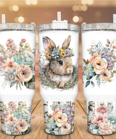 Floral Bunny Custom Stanley Quencher 40Oz Stainless Steel Tumbler With Handle