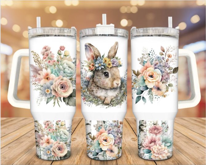 Floral Bunny Custom Stanley Quencher 40Oz Stainless Steel Tumbler With Handle