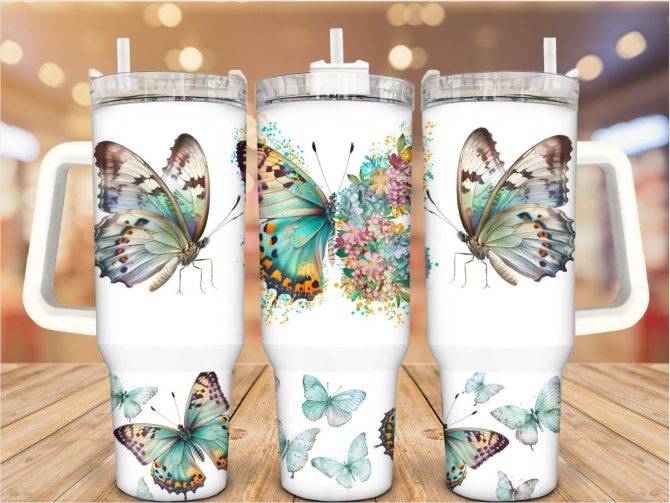 Floral Butterfly Custom Stanley Quencher 40Oz Stainless Steel Tumbler With Handle