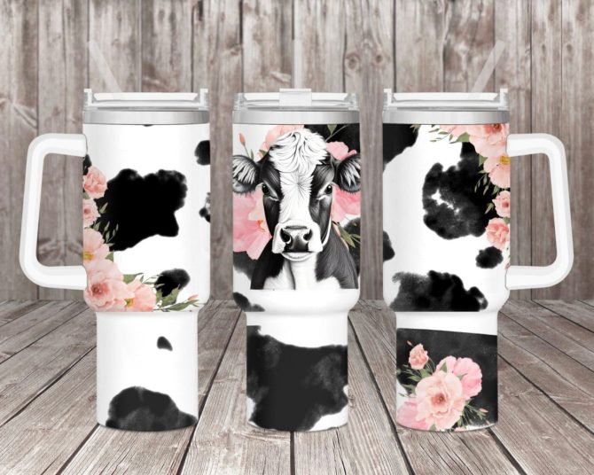 Floral Cow Custom Stanley Quencher 40Oz Stainless Steel Tumbler With Handle