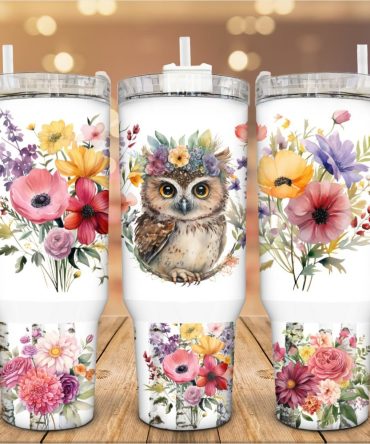 Floral Cute Owl Custom Stanley Quencher 40Oz Stainless Steel Tumbler With Handle