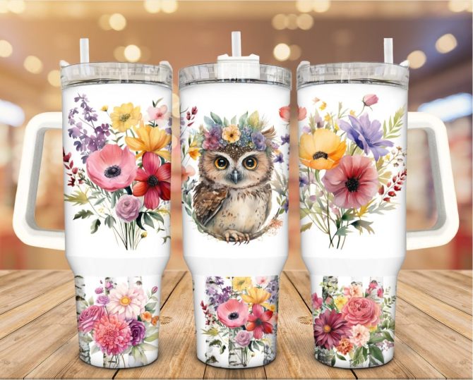 Floral Cute Owl Custom Stanley Quencher 40Oz Stainless Steel Tumbler With Handle