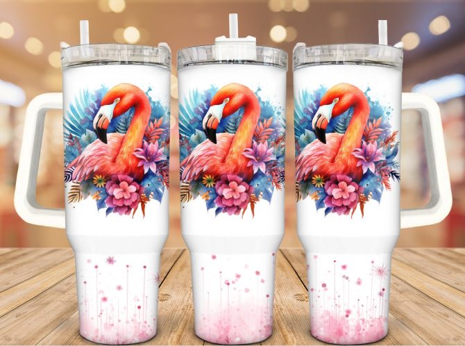 Floral Flamingo Custom Stanley Quencher 40Oz Stainless Steel Tumbler With Handle