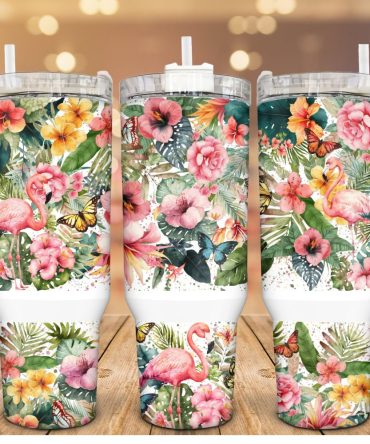 Floral Flamingo Custom Stanley Quencher 40Oz Stainless Steel Tumbler With Handle