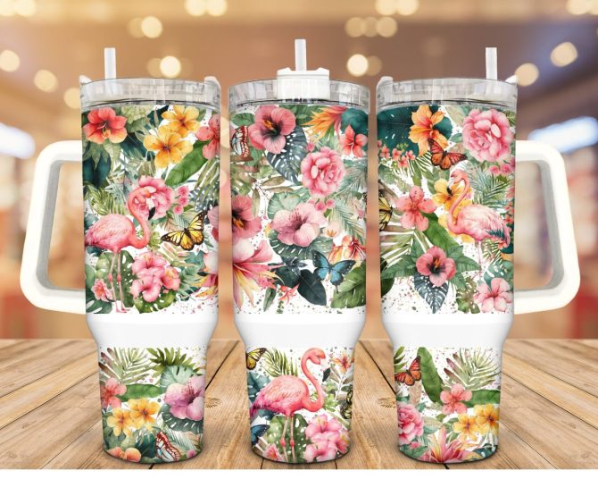 Floral Flamingo Custom Stanley Quencher 40Oz Stainless Steel Tumbler With Handle