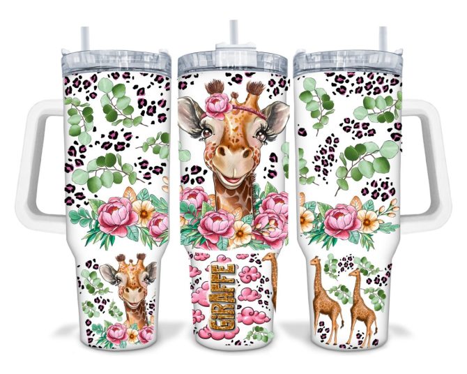 Floral Giraffe Leopard Print Custom Stanley Quencher 40Oz Stainless Steel