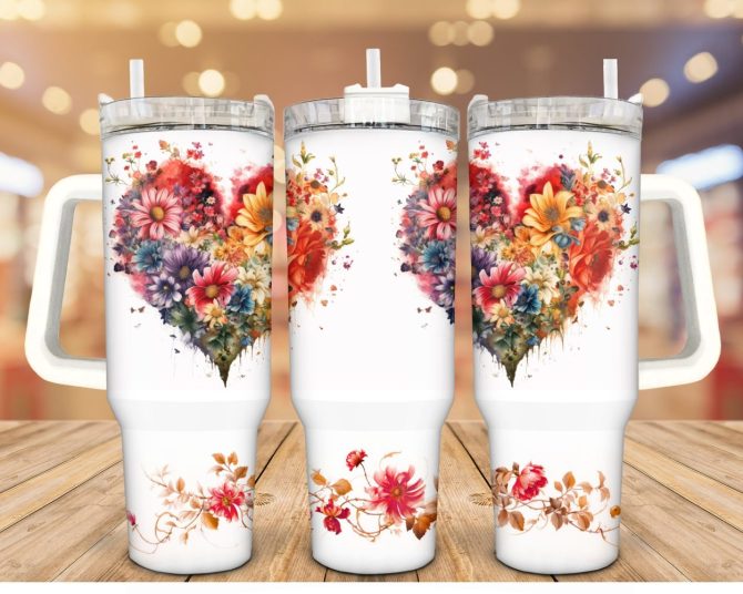 Floral Heart Custom Stanley Quencher 40Oz Stainless Steel Tumbler With Handle