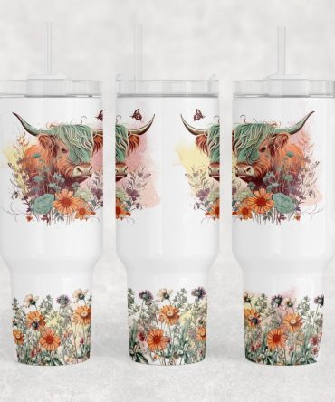 Floral Highland Cow Custom Stanley Quencher 40Oz Stainless Steel Tumbler With Handle