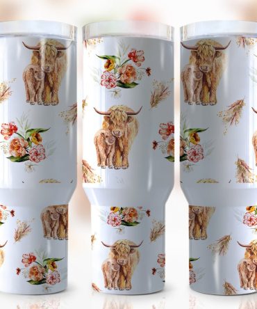 Floral Highland Cow Custom Stanley Quencher 40Oz Stainless Steel Tumbler With Handle