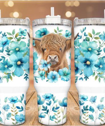 Floral Highland Cow Custom Stanley Quencher 40Oz Stainless Steel Tumbler With Handle