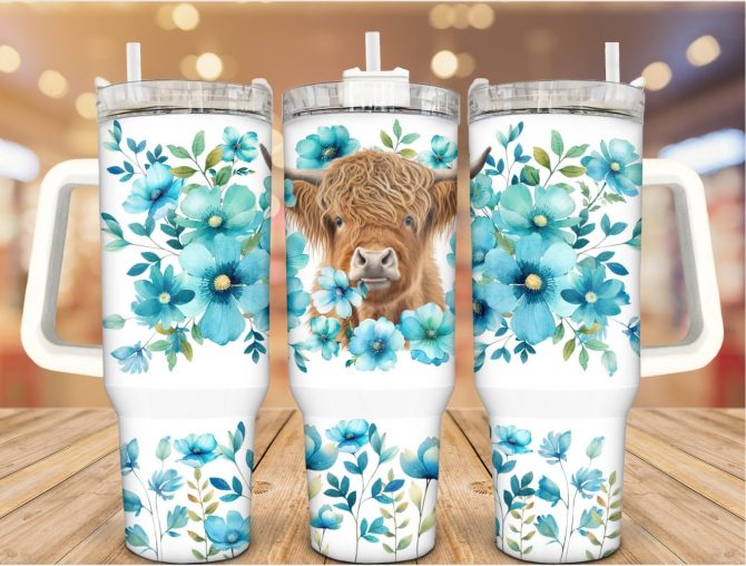 Floral Highland Cow Custom Stanley Quencher 40Oz Stainless Steel Tumbler With Handle
