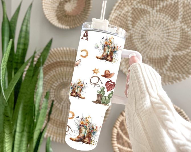Floral Highland Cow Custom Stanley Quencher 40Oz Stainless Steel Tumbler With Handle - Image 3