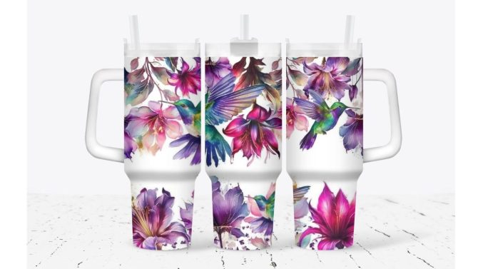 Floral Hummingbird Custom Stanley Quencher 40Oz Stainless Steel Tumbler With Handle