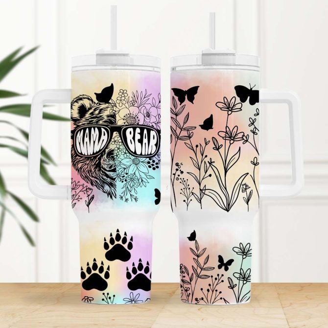 Floral Mama Bear Custom Stanley Quencher 40Oz Stainless Steel Tumbler With Handle - Image 2