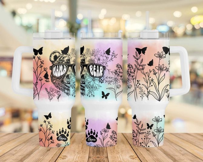 Floral Mama Bear Custom Stanley Quencher 40Oz Stainless Steel Tumbler With Handle