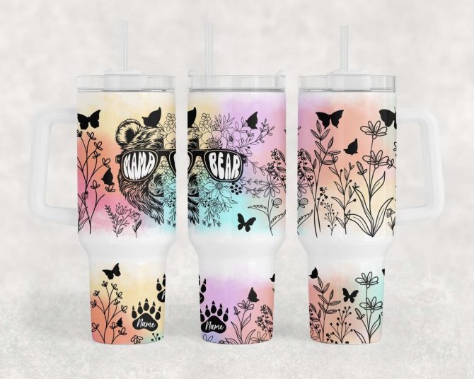 Floral Mama Bear Custom Stanley Quencher 40Oz Stainless Steel Tumbler With Handle - Image 3