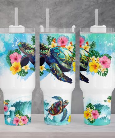 Floral Sea Turtle Custom Stanley Quencher 40Oz Stainless Steel Tumbler With Handle