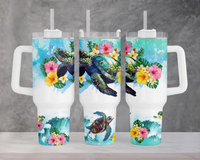 Floral Sea Turtle Custom Stanley Quencher 40Oz Stainless Steel Tumbler With Handle