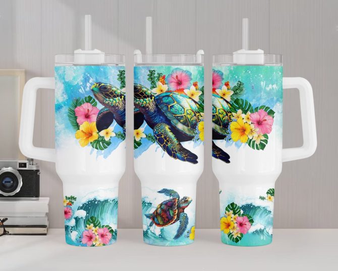 Floral Sea Turtle Custom Stanley Quencher 40Oz Stainless Steel Tumbler With Handle - Image 2