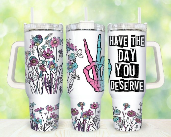 Floral Skeleton Hand Custom Stanley Quencher 40Oz Stainless Steel Tumbler With Handle