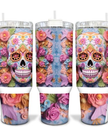 Floral Skull Custom Stanley Quencher 40Oz Stainless Steel Tumbler With Handle