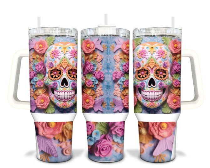Floral Skull Custom Stanley Quencher 40Oz Stainless Steel Tumbler With Handle