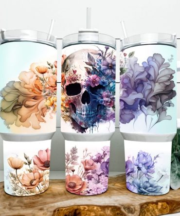Floral Skull Custom Stanley Quencher 40Oz Stainless Steel Tumbler With Handle