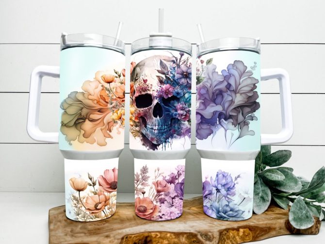 Floral Skull Custom Stanley Quencher 40Oz Stainless Steel Tumbler With Handle