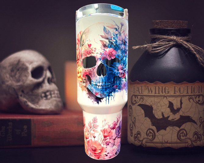 Floral Skull Custom Stanley Quencher 40Oz Stainless Steel Tumbler With Handle - Image 2
