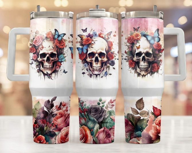 Floral Skull Custom Stanley Quencher 40Oz Stainless Steel Tumbler With Handle