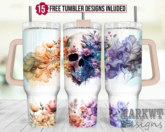 Floral Skull Custom Stanley Quencher 40Oz Stainless Steel Tumbler With Handle