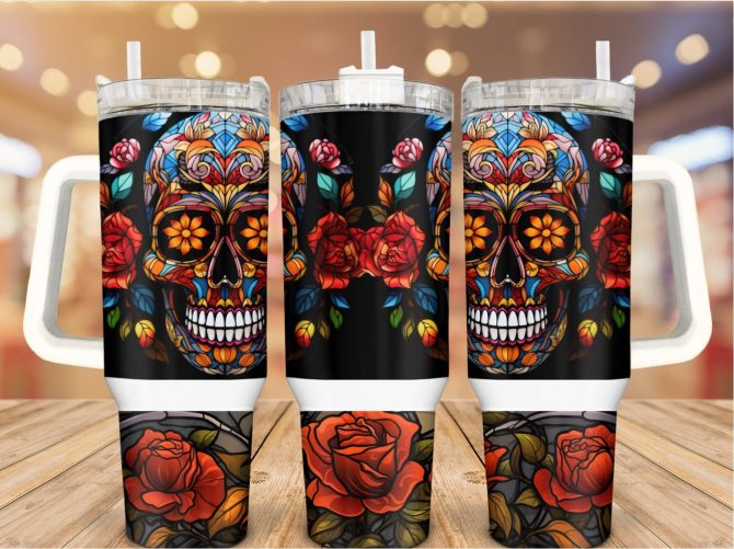 Floral Skull Custom Stanley Quencher 40Oz Stainless Steel Tumbler With Handle