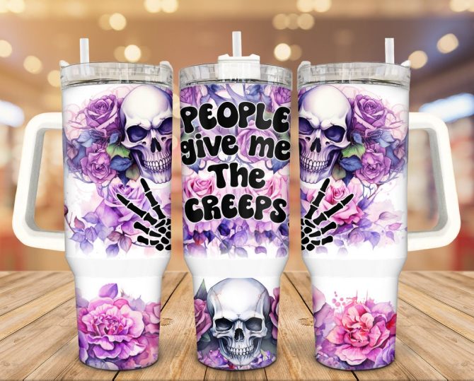 Floral Skulls Custom Stanley Quencher 40Oz Stainless Steel Tumbler With Handle