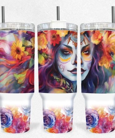 Floral Skulls Custom Stanley Quencher 40Oz Stainless Steel Tumbler With Handle