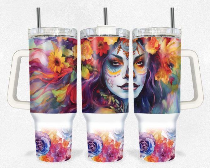 Floral Skulls Custom Stanley Quencher 40Oz Stainless Steel Tumbler With Handle