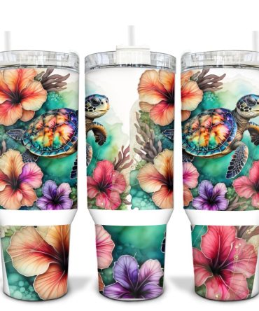 Floral Turtle Custom Stanley Quencher 40Oz Stainless Steel Tumbler With Handle