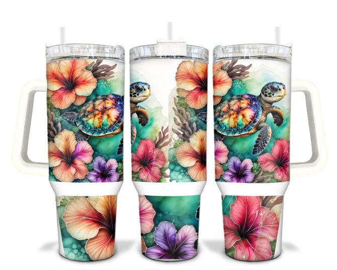 Floral Turtle Custom Stanley Quencher 40Oz Stainless Steel Tumbler With Handle