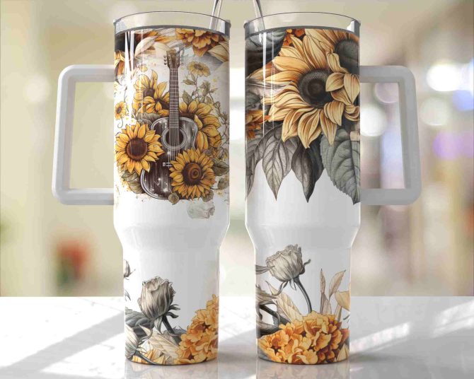 Floral Violin Custom Stanley Quencher 40Oz Stainless Steel Tumbler With Handle