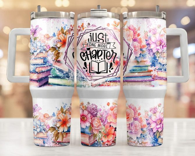 Floral With Books Custom Stanley Quencher 40Oz Stainless Steel Tumbler With Handle