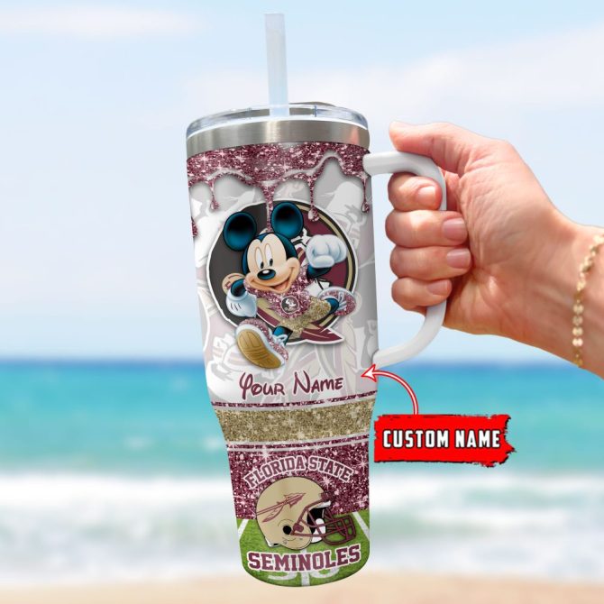 Florida State Seminoles Ncaa Mickey Mouse Glitter Custom Stanley Quencher 40Oz Stainless Steel Tumbler With Handle - Image 3