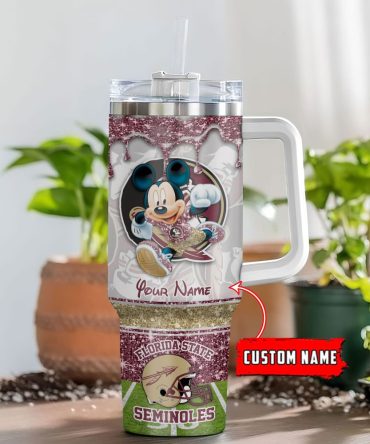 Florida State Seminoles Ncaa Mickey Mouse Glitter Custom Stanley Quencher 40Oz Stainless Steel Tumbler With Handle