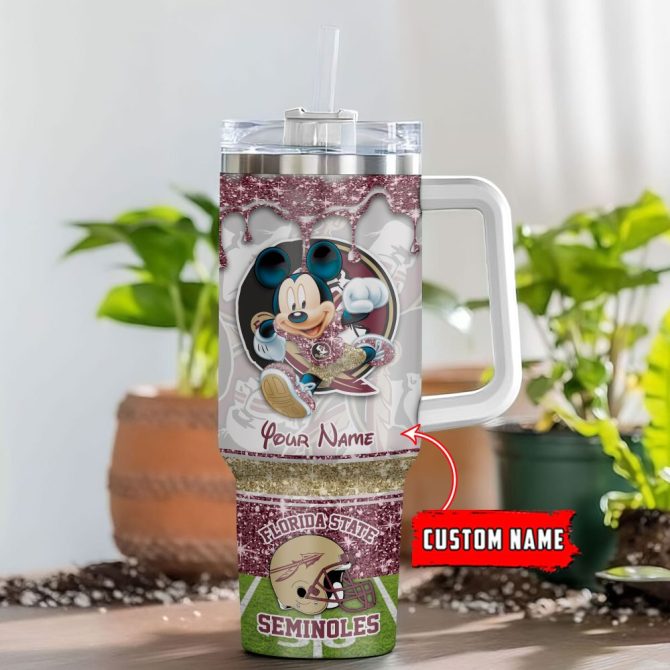 Florida State Seminoles Ncaa Mickey Mouse Glitter Custom Stanley Quencher 40Oz Stainless Steel Tumbler With Handle