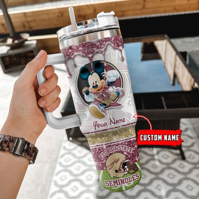 Florida State Seminoles Ncaa Mickey Mouse Glitter Custom Stanley Quencher 40Oz Stainless Steel Tumbler With Handle - Image 2