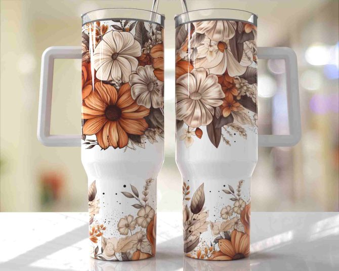 Flowers Custom Stanley Quencher 40Oz Stainless Steel Tumbler With Handle