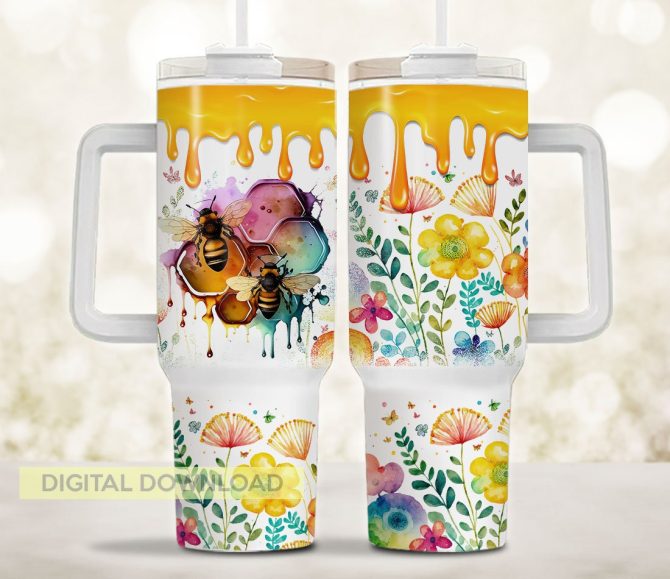 Flowers Honeybees Custom Stanley Quencher 40Oz Stainless Steel Tumbler With Handle - Image 2