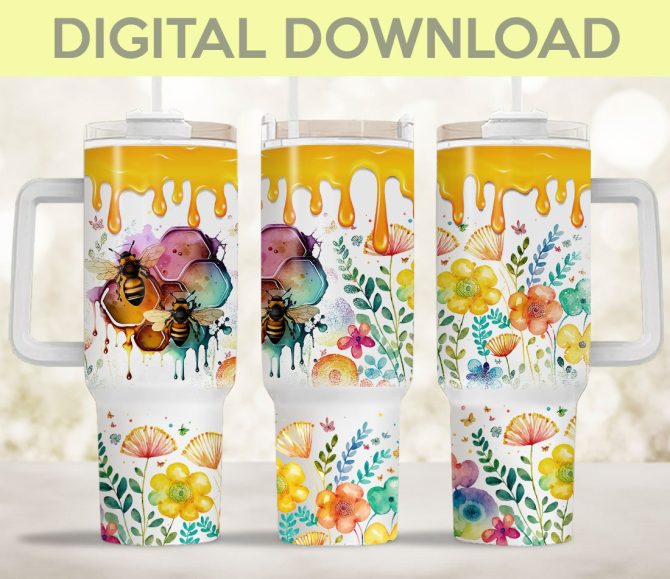 Flowers Honeybees Custom Stanley Quencher 40Oz Stainless Steel Tumbler With Handle
