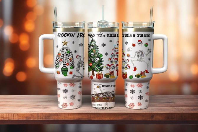 Funny Christmas Skeleton Custom Stanley Quencher 40Oz Stainless Steel Tumbler With Handle - Image 2