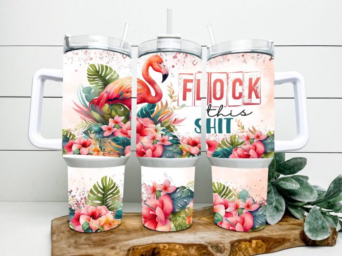 Funny Flamingo Tropical Floral Custom Stanley Quencher 40Oz Stainless Steel Tumbler With Handle