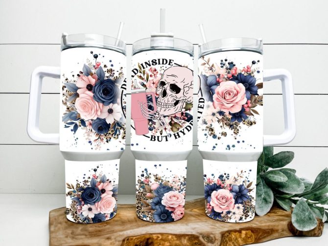 Funny Skeleton Floral Leopard Print Custom Stanley Quencher 40Oz Stainless Steel Tumbler With Handle